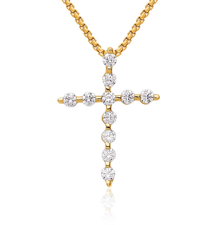 14K Solid Yellow Gold Cubic Zirconia CZ Holy Cross Pendant Floating Chain Slide Necklace Religious Jesus Christ Charm