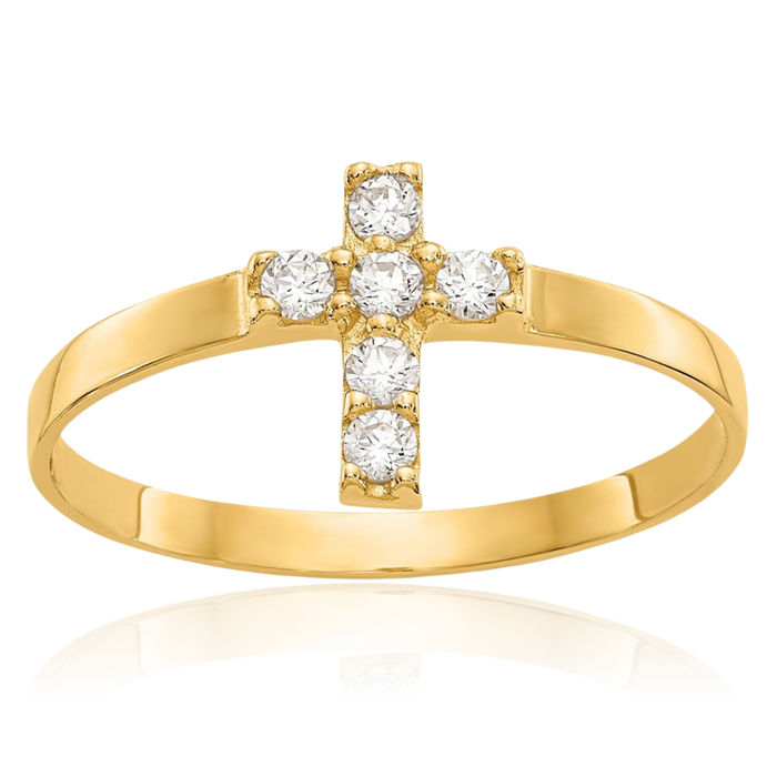 14K Solid Yellow Gold Cubic Zirconia CZ Cross Ring