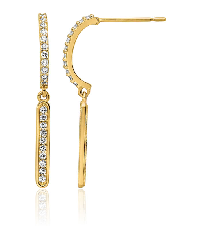 14K Solid Yellow Gold Cubic Zirconia CZ Line Bar Drop Dangle Earrings