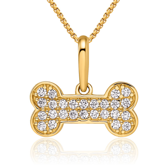 14K Solid Yellow Gold Cubic Zirconia CZ Dog Bone Necklace Chain Pendant Charm