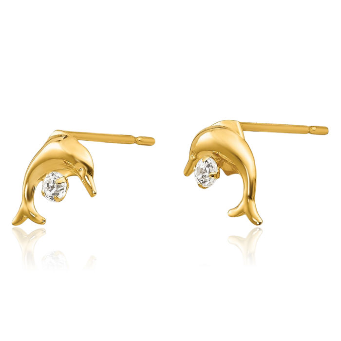 14K Solid Yellow Gold Cubic Zirconia CZ Sea Dolphin Ocean Fish Beach Nautical Stud Earrings