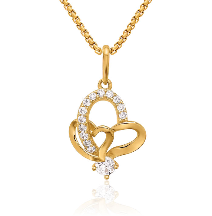 14K Solid Yellow Gold Cubic Zirconia CZ Double Heart Necklace Love Pendant Charm
