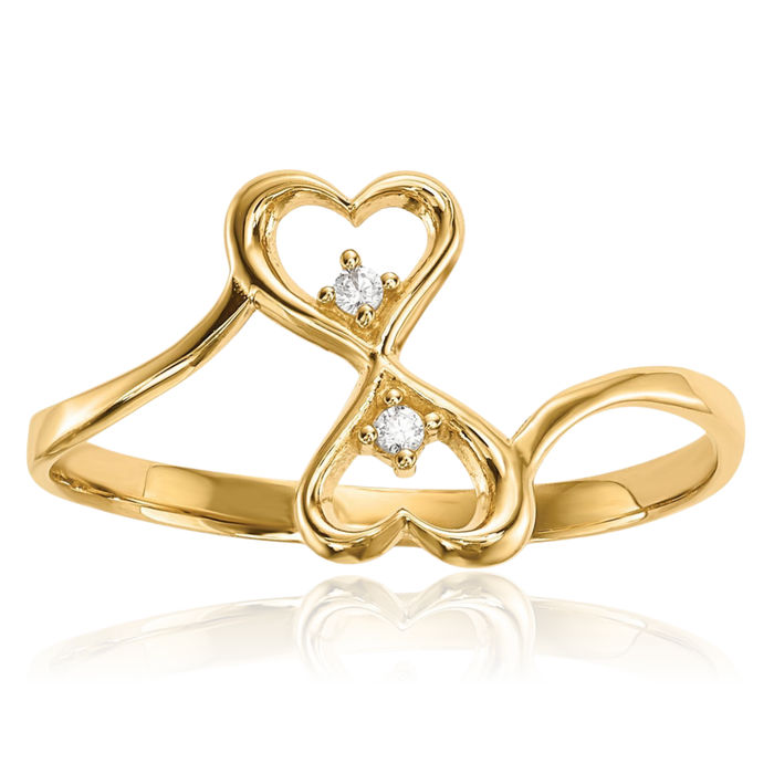 14K Solid Yellow Gold Cubic Zirconia CZ Double Heart Ring Love Band