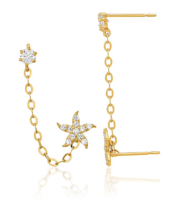 14K Solid Yellow Gold Cubic Zirconia CZ Double Post Chain Starfish Earring