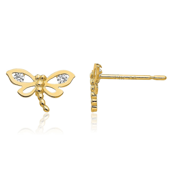 14K Solid Yellow Gold Cubic Zirconia CZ Dragonfly Studs Earrings