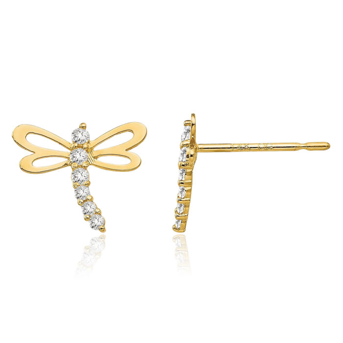 14K Solid Yellow Gold Cubic Zirconia CZ Dragonfly Studs Earrings