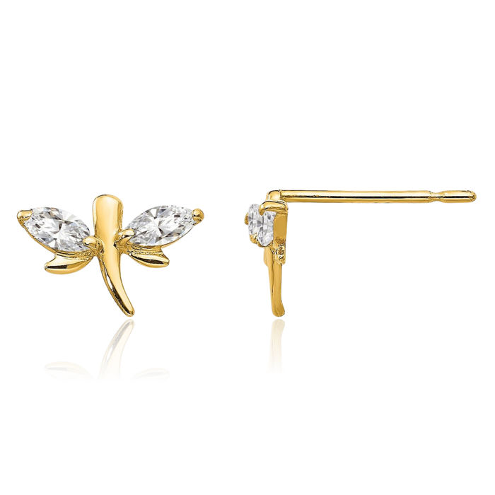 14K Solid Yellow Gold Cubic Zirconia CZ Dragonfly Studs Earrings