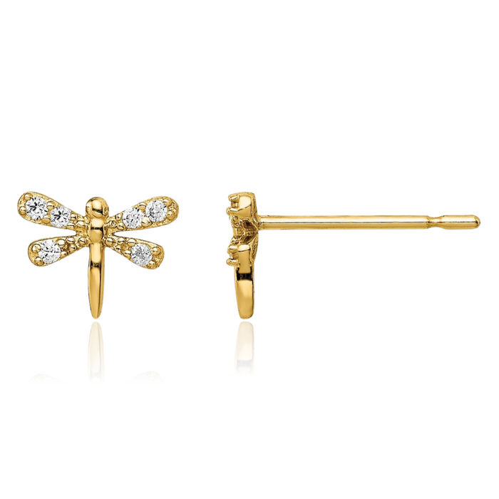 14K Solid Yellow Gold Cubic Zirconia CZ Dragonfly Studs Earrings