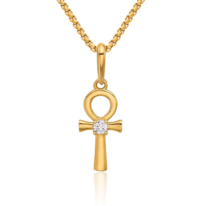 14K Solid Yellow Gold Cubic Zirconia CZ Egyptian Ankh Holy Cross Symbol of Life Ancient Necklace Religious Chain Pendant Charm