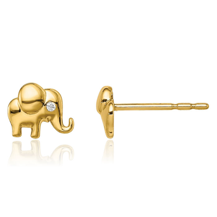 14K Solid Yellow Gold Cubic Zirconia CZ Elephant Studs Earrings