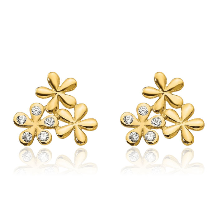 14K Solid Yellow Gold Cubic Zirconia CZ Flower Stud Earrings