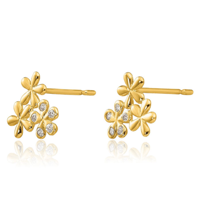 14K Solid Yellow Gold Cubic Zirconia CZ Flower Stud Earrings