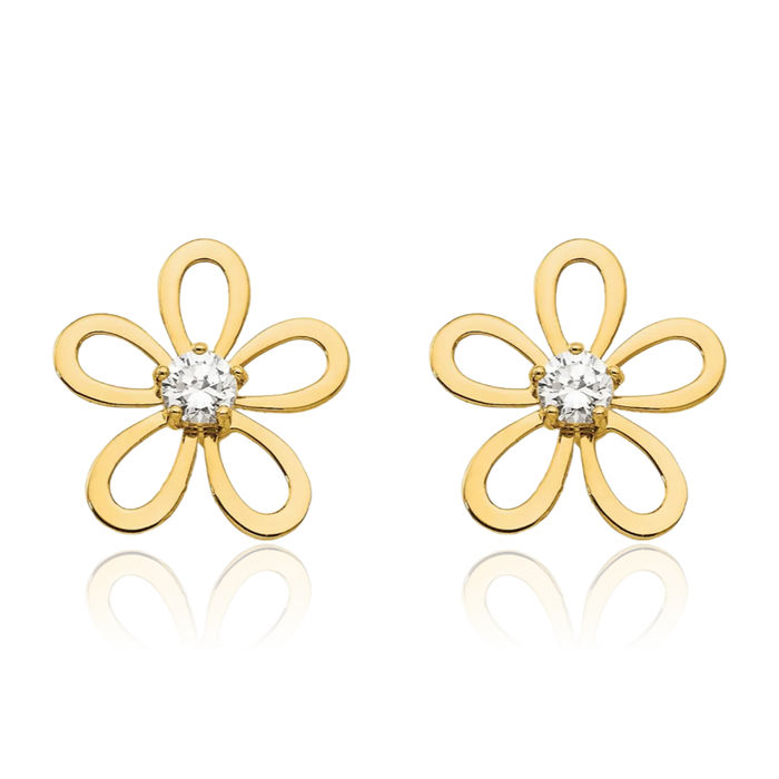 14K Solid Yellow Gold Cubic Zirconia CZ Flower Stud Earrings