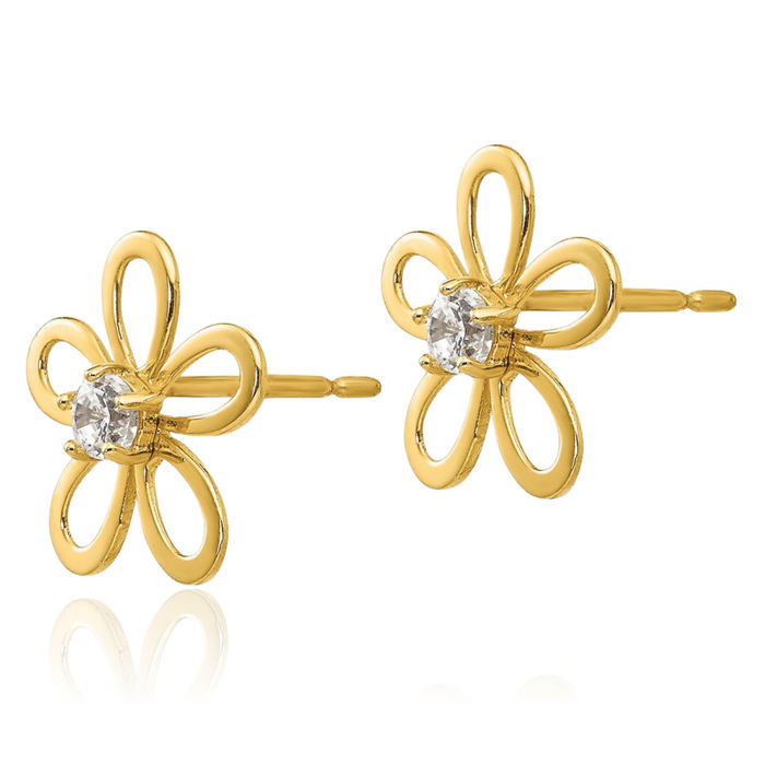 14K Solid Yellow Gold Cubic Zirconia CZ Flower Stud Earrings