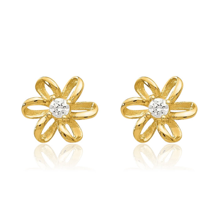 14K Solid Yellow Gold Cubic Zirconia CZ Flower Stud Earrings