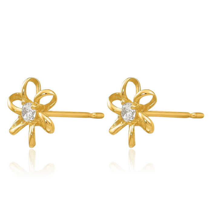 14K Solid Yellow Gold Cubic Zirconia CZ Flower Stud Earrings