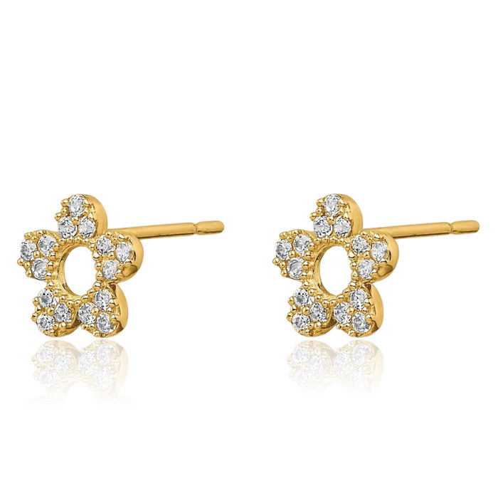 14K Solid Yellow Gold Cubic Zirconia CZ Flower Stud Earrings