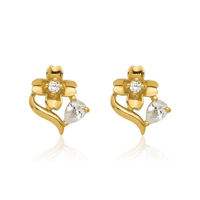 14K Solid Yellow Gold Cubic Zirconia CZ Flower Stud Earrings