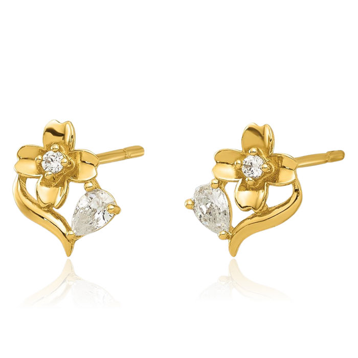 14K Solid Yellow Gold Cubic Zirconia CZ Flower Stud Earrings