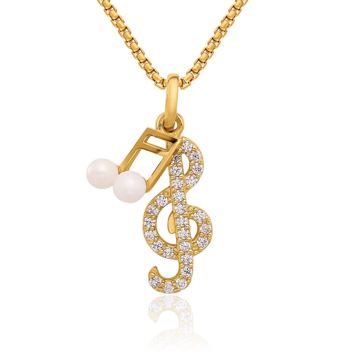 14K Solid Yellow Gold Cubic Zirconia CZ Freshwater Cultured Pearl Treble Clef Music Note Necklace Chain Pendant Charm