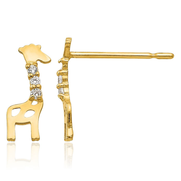 14K Solid Yellow Gold Cubic Zirconia CZ Giraffe Studs Earrings