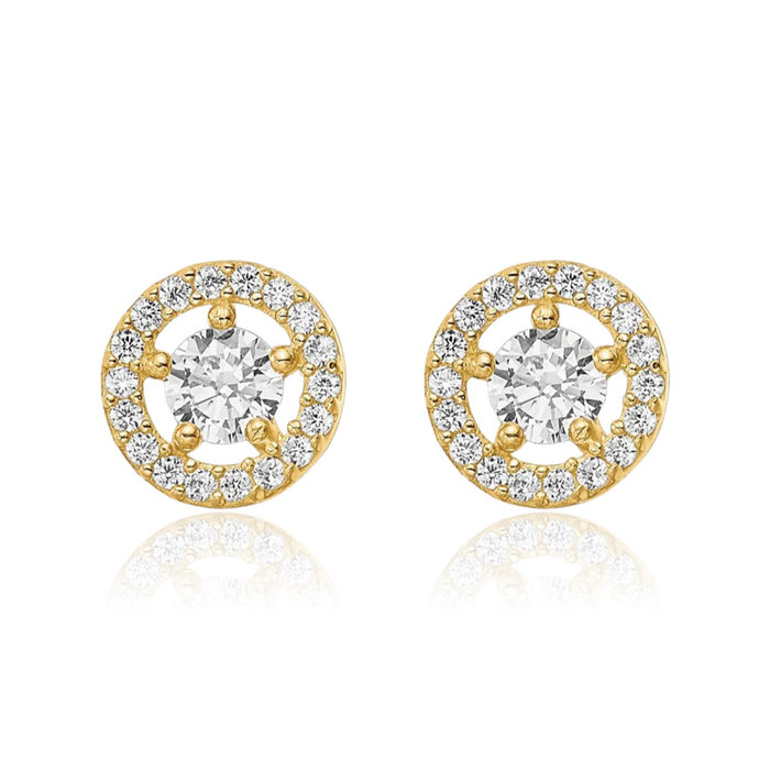 14K Solid Yellow Gold Cubic Zirconia CZ Halo Round Stud Earrings