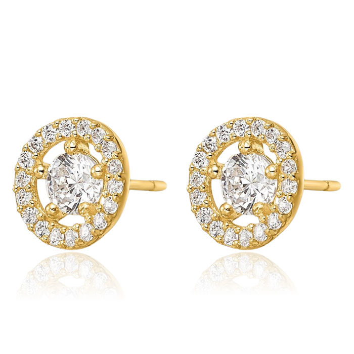 14K Solid Yellow Gold Cubic Zirconia CZ Halo Round Stud Earrings