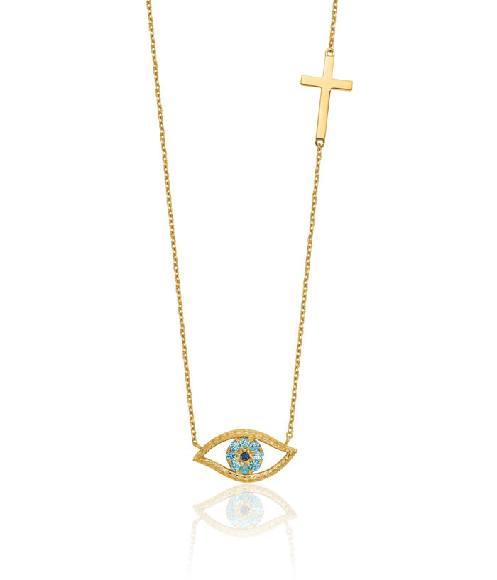 14K Solid Yellow Gold Cubic Zirconia CZ Hamsa Hand of Fatima Evil Eye Protection Good Luck Blue Cross Necklace Chain