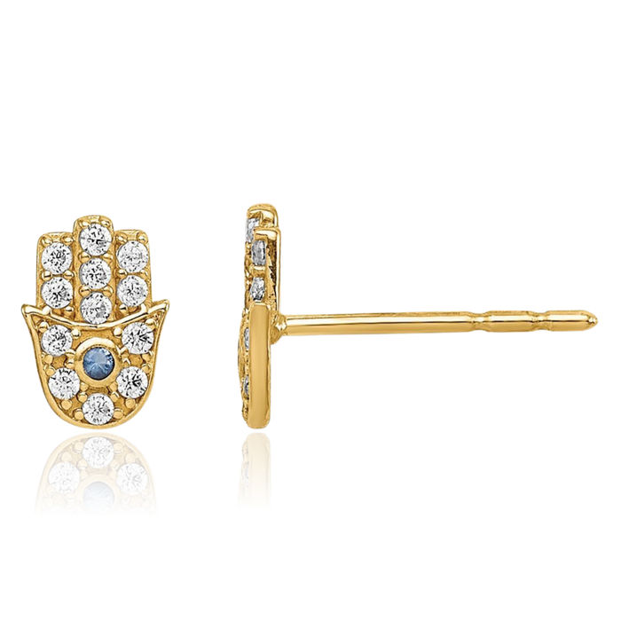 14K Solid Yellow Gold Cubic Zirconia CZ Hamsa Hand of Fatima Blue Evil Eye Protection Stud Earrings