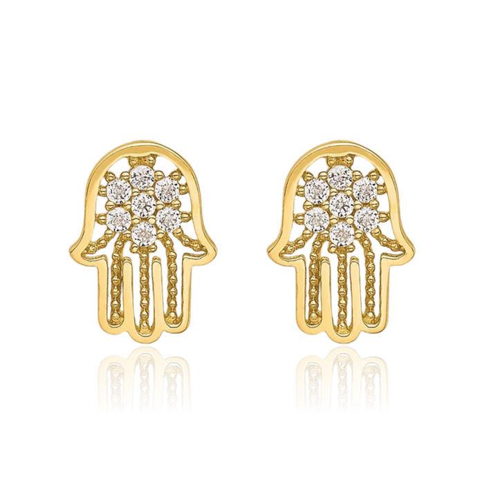 14K Solid Yellow Gold Cubic Zirconia CZ Hamsa Hand of Fatima Evil Eye Protection Stud Earrings