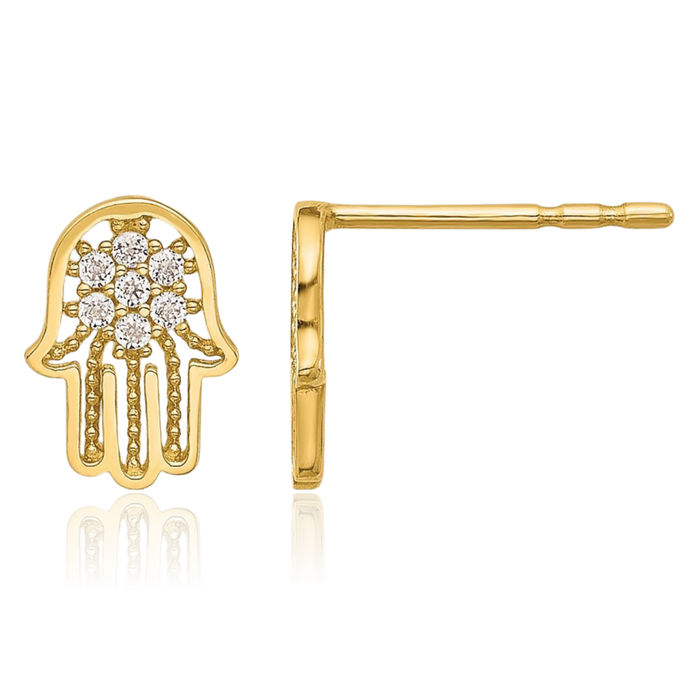 14K Solid Yellow Gold Cubic Zirconia CZ Hamsa Hand of Fatima Evil Eye Protection Stud Earrings