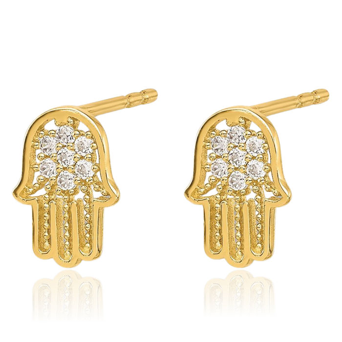 14K Solid Yellow Gold Cubic Zirconia CZ Hamsa Hand of Fatima Evil Eye Protection Stud Earrings