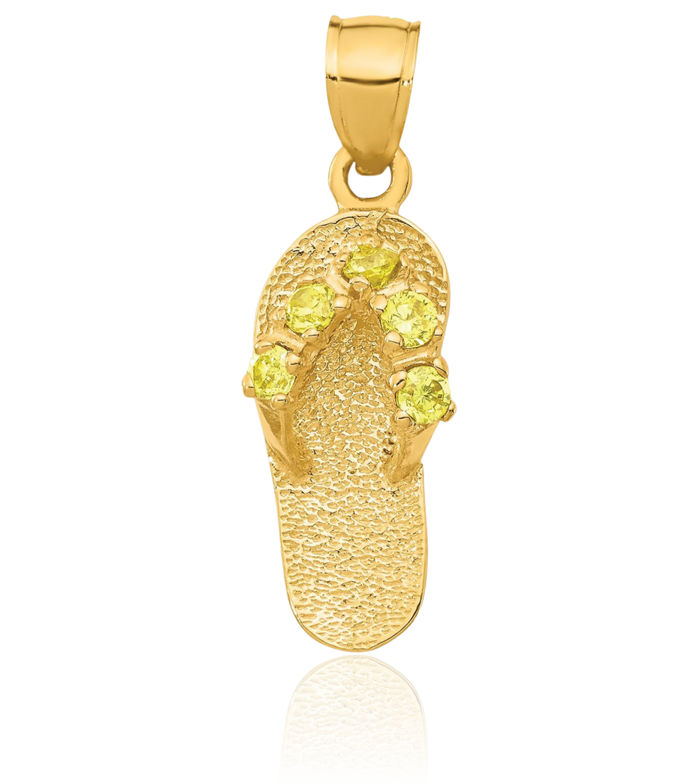 14K Solid Yellow Gold Cubic Zirconia CZ Hawaiian Flip Flop Necklace Beach Sandals Pendant Ocean Vacation Charm November Birthstone Jewelry