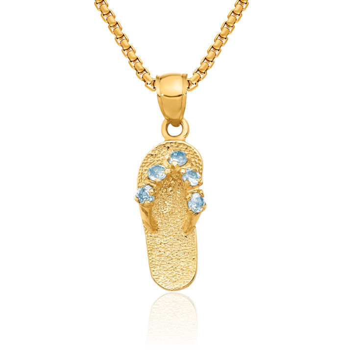 14K Solid Yellow Gold Cubic Zirconia CZ Hawaiian Flip Flop Necklace Beach Sandals Pendant Ocean Vacation Charm March Birthstone Jewelry