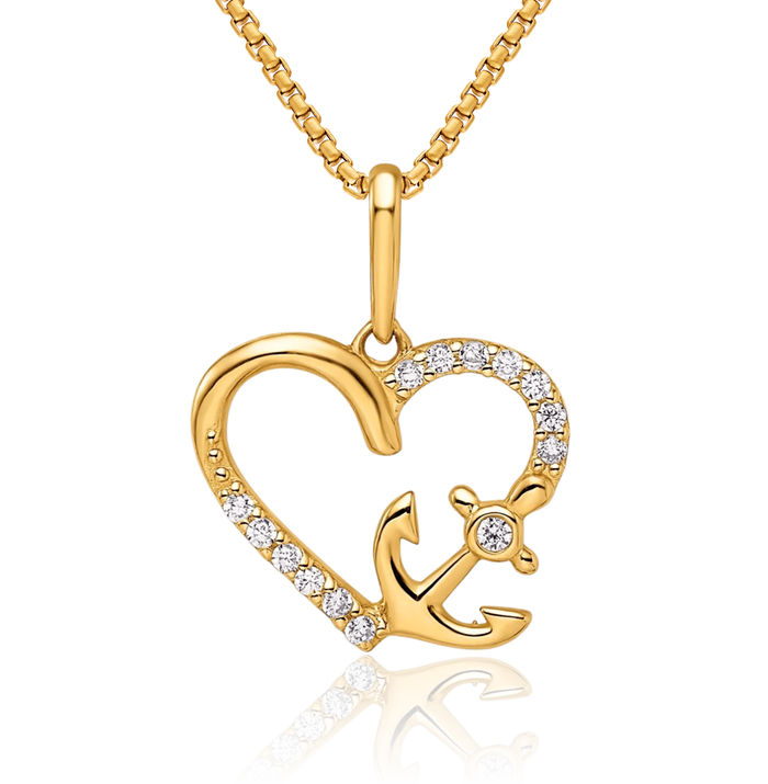 14K Solid Yellow Gold Cubic Zirconia CZ Heart Anchor Mariner Necklace Nautical Charm Pendant