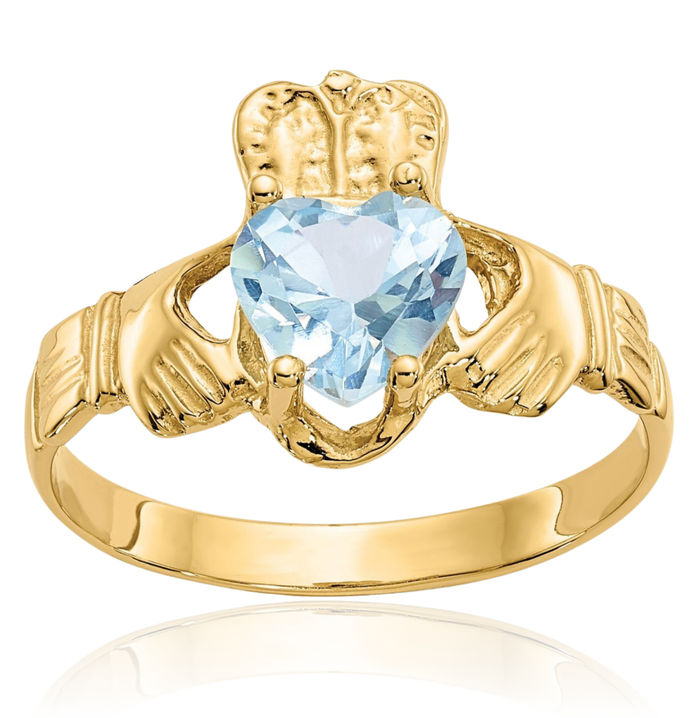 14K Solid Yellow Gold Cubic Zirconia CZ Heart Irish Claddagh Celtic Ring March Birthstone Jewelry