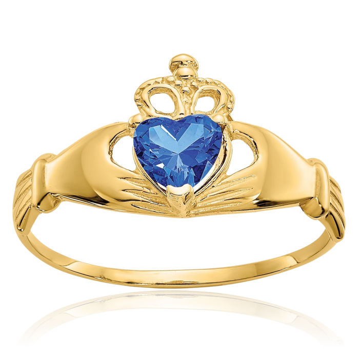 14K Solid Yellow Gold Cubic Zirconia CZ Heart Irish Claddagh Celtic Ring Love Band September Birthstone Jewelry