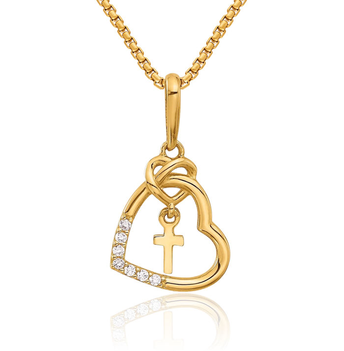 14K Solid Yellow Gold Cubic Zirconia CZ Heart Holy Cross Dangling Necklace Religious Chain Pendant Jesus Christ Charm