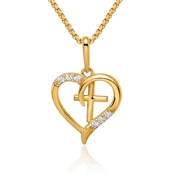 14K Solid Yellow Gold Cubic Zirconia CZ Heart Cross Necklace Religious Chain Pendant Jesus Christ Charm