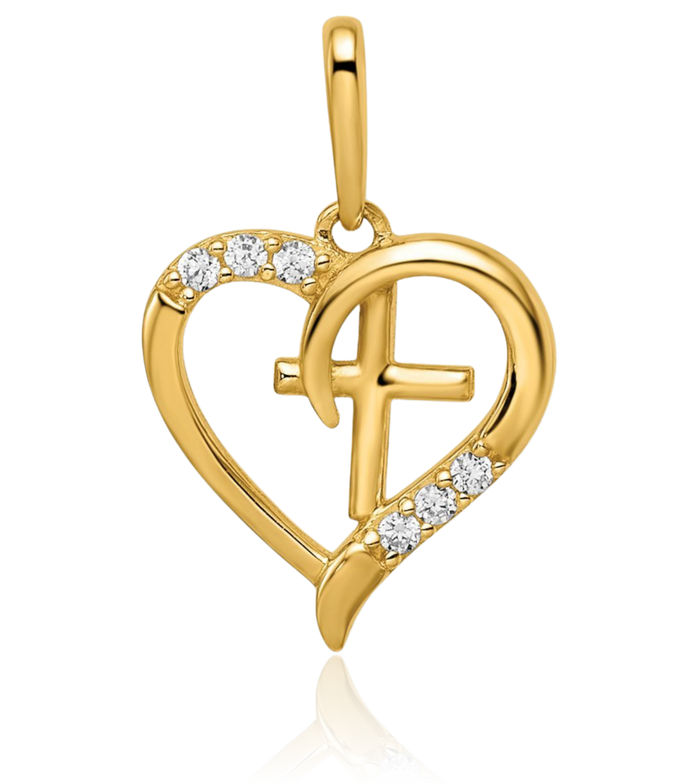 14K Solid Yellow Gold Cubic Zirconia CZ Heart Cross Necklace Religious Chain Pendant Jesus Christ Charm