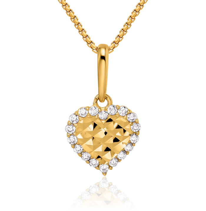 14K Solid Yellow Gold Cubic Zirconia CZ Heart Necklace Love Pendant Charm