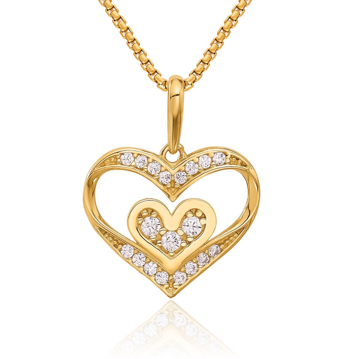 14K Solid Yellow Gold Cubic Zirconia CZ Heart Necklace Love Pendant Charm