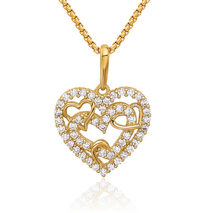 14K Solid Yellow Gold Cubic Zirconia CZ Heart Necklace Love Pendant Charm