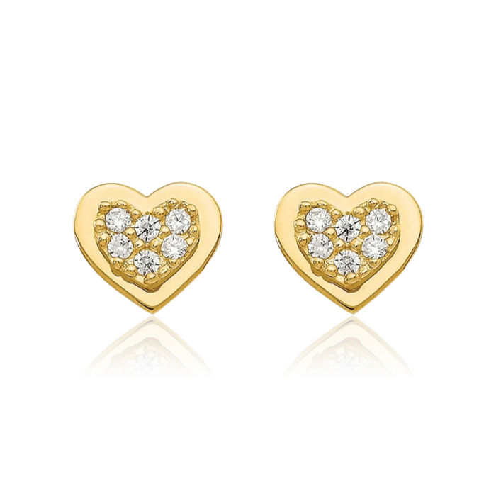 14K Solid Yellow Gold Cubic Zirconia CZ Heart Stud Earrings