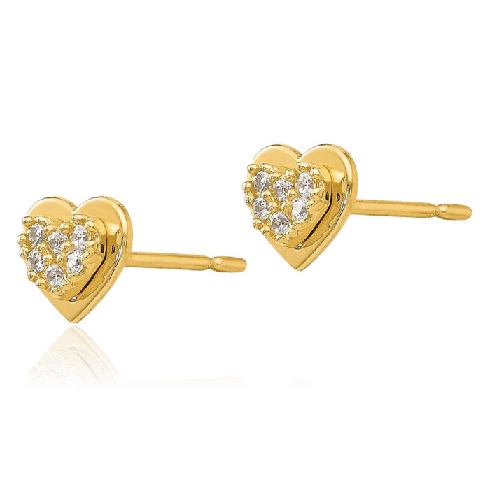 14K Solid Yellow Gold Cubic Zirconia CZ Heart Stud Earrings