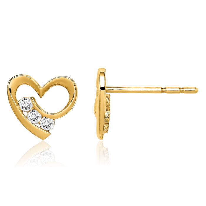 14K Solid Yellow Gold Cubic Zirconia CZ Heart Stud Earrings