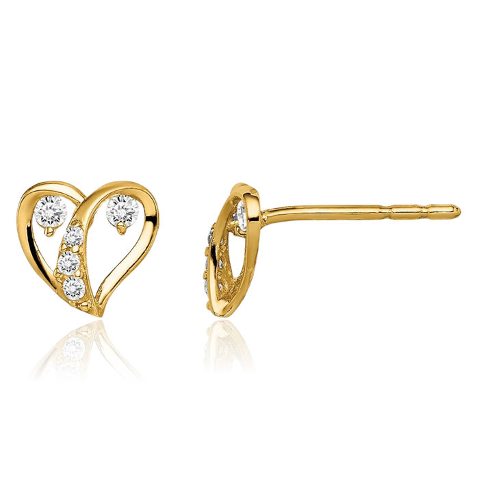 14K Solid Yellow Gold Cubic Zirconia CZ Heart Stud Earrings