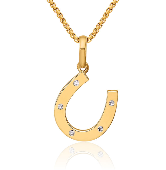 14K Solid Yellow Gold Cubic Zirconia CZ Lucky Horseshoe Necklace Animal Lover Pendant Equestrian Charm