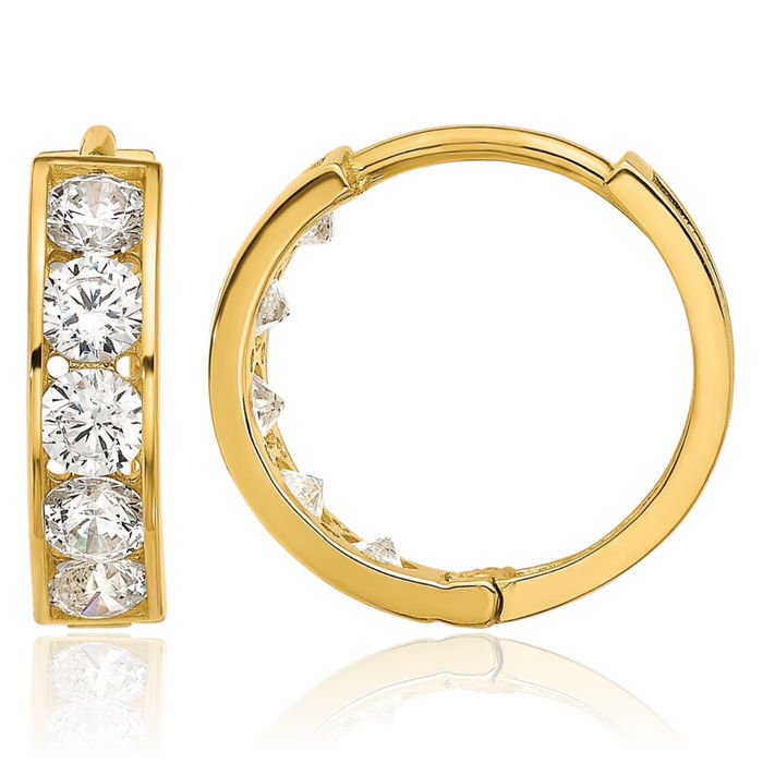 14K Solid Yellow Gold Cubic Zirconia CZ Huggie Round Small Hoop Earrings