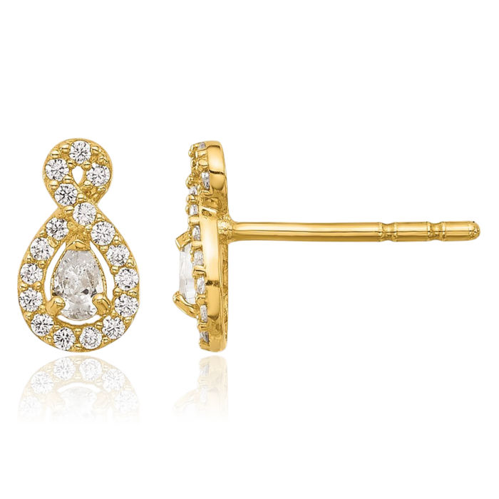 14K Solid Yellow Gold Cubic Zirconia CZ Infinity Twisted Love Knot Symbol Heart Stud Earrings